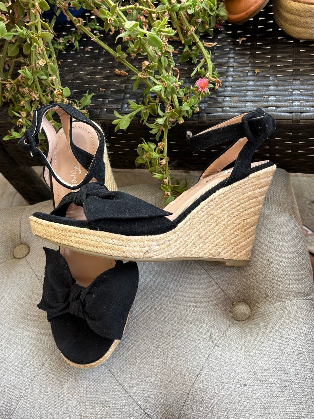 Forever 21 Black Espadrille Wedge Sandals with Bow Accent
